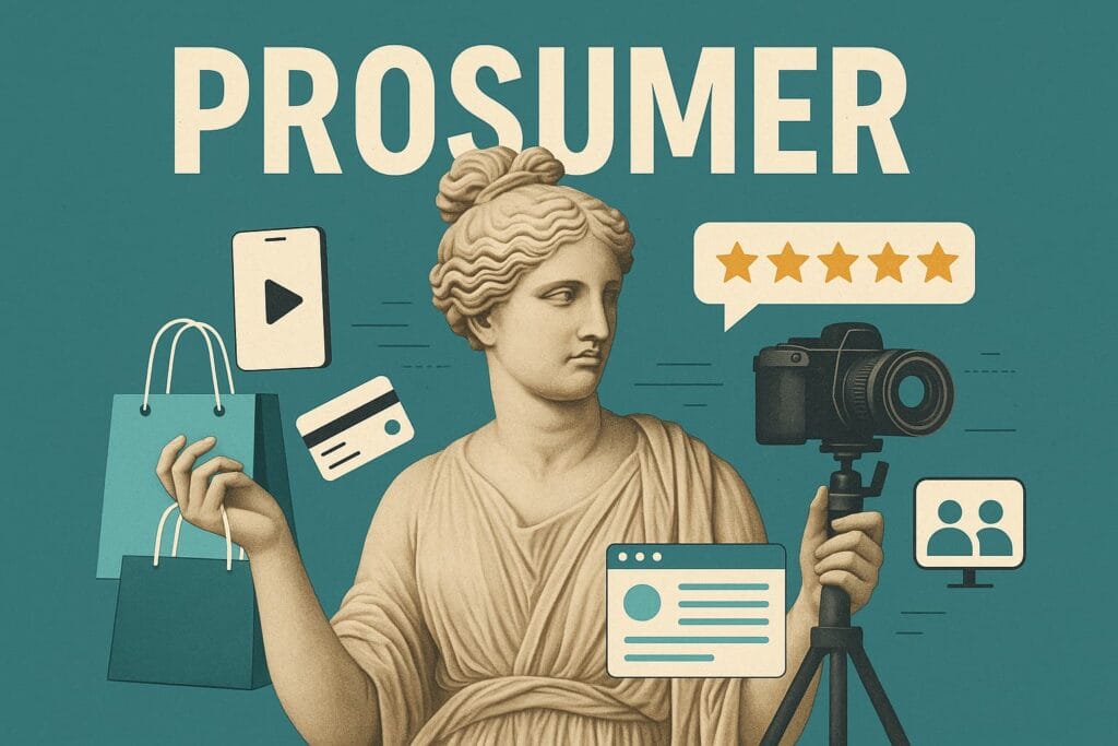 Estatua clásica griega representando a un prosumer, rodeada de iconos de cámara, reseñas, contenido y consumo digital, simbolizando la dualidad entre consumidor y creador.