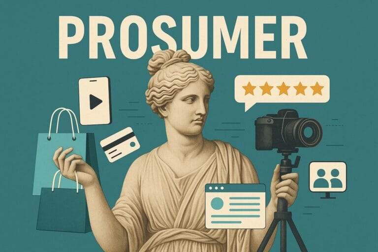 Estatua clásica griega representando a un prosumer, rodeada de iconos de cámara, reseñas, contenido y consumo digital, simbolizando la dualidad entre consumidor y creador.