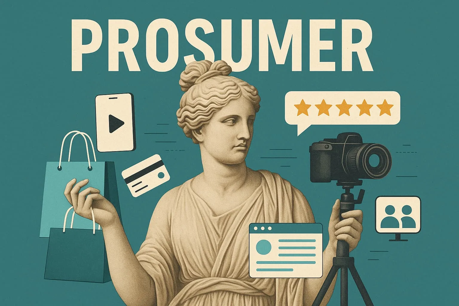 Prosumer - estatua griega rodeada de iconos de contenido digital simbolizando la dualidad consumidor-creador