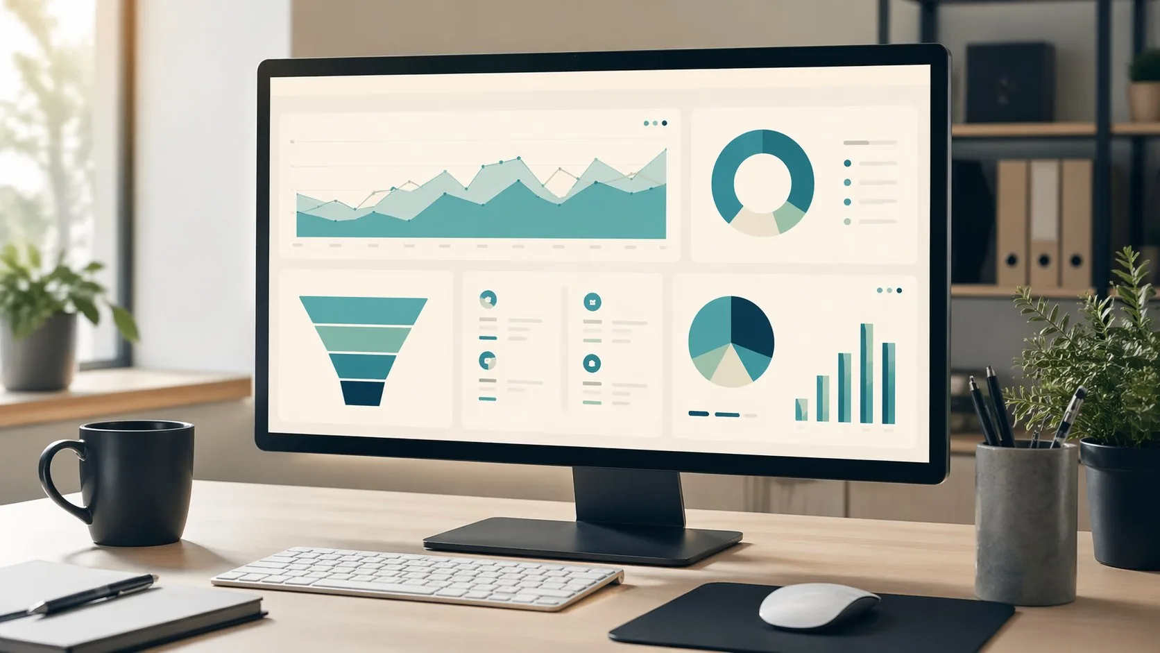 Métricas web - panel de analítica con gráficos de tráfico, embudo de conversión y distribución de datos