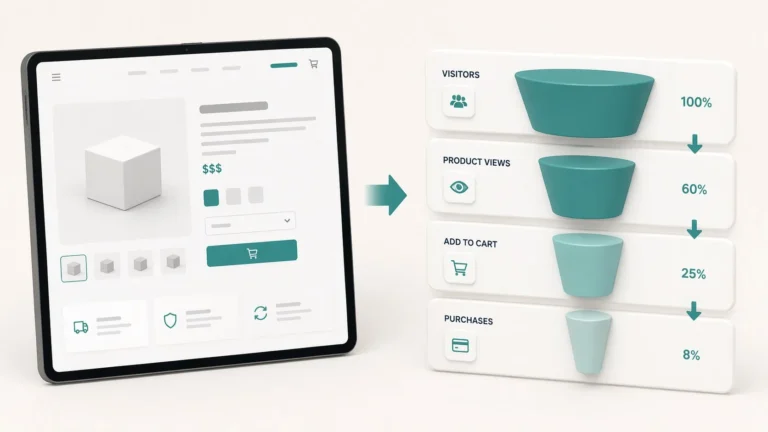 Métricas web - panel de analítica con gráficos de tráfico, embudo de conversión y distribución de datos