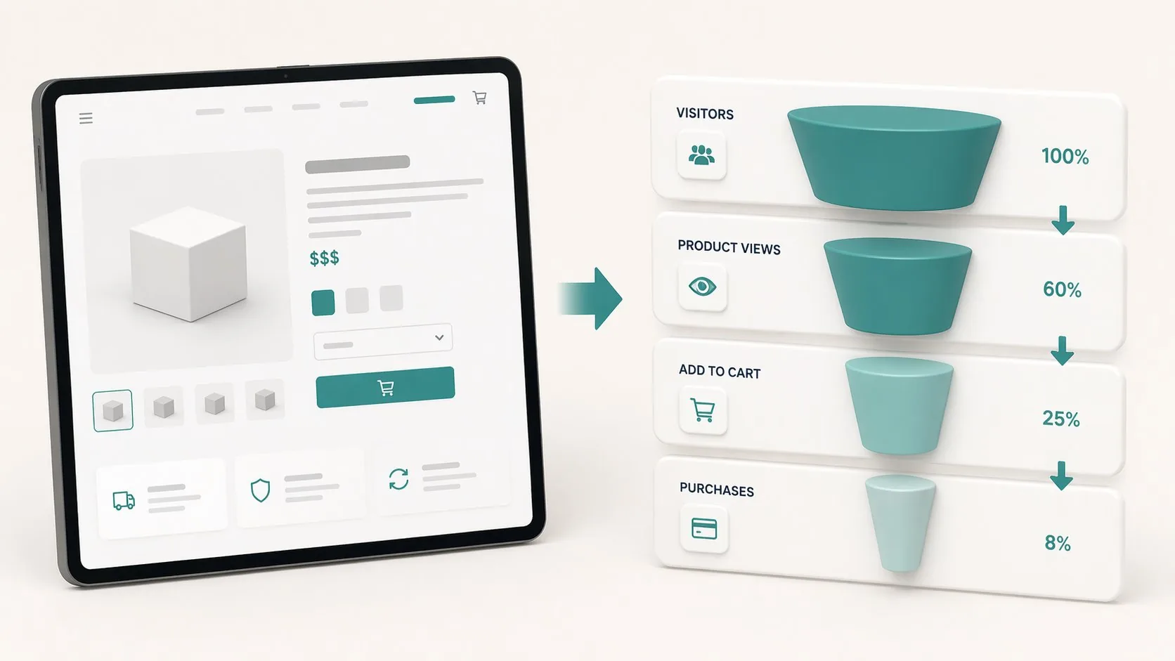 Métricas web - embudo de conversión ecommerce con porcentajes desde visitantes hasta compra