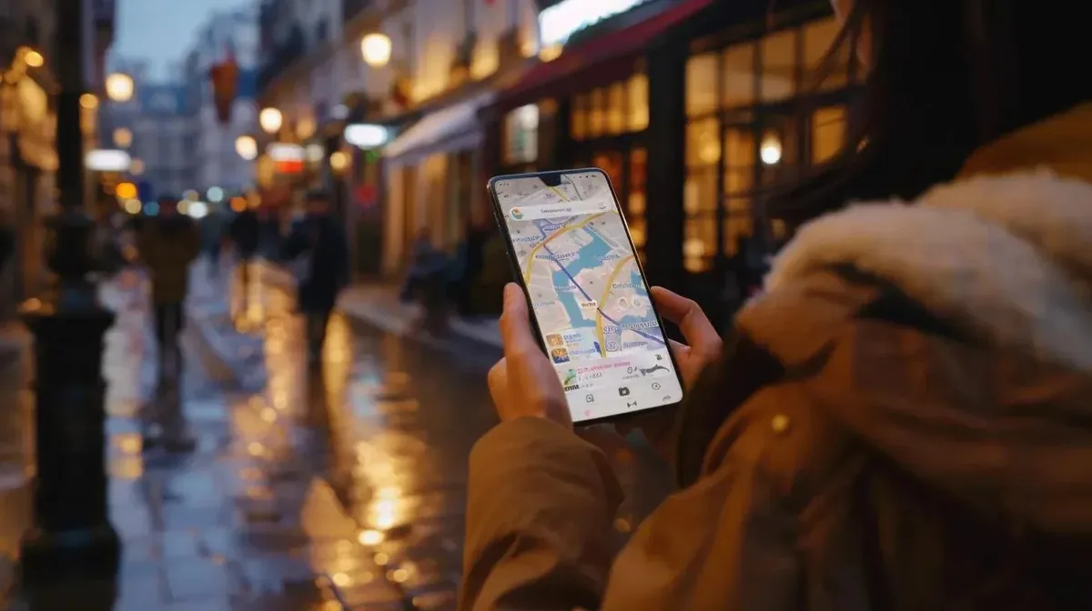 Turista buscando recomendaciones en Google Maps desde el m&oacute;vil, momento clave donde las redes sociales y el turismo local conectan con el negocio
