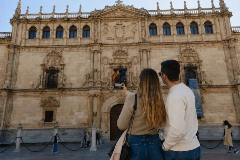 Pareja de turistas fotografiando la fachada de la Universidad de Alcalá de Henares con el móvil, ejemplo de cómo las redes sociales y el turismo se conectan en destinos culturales