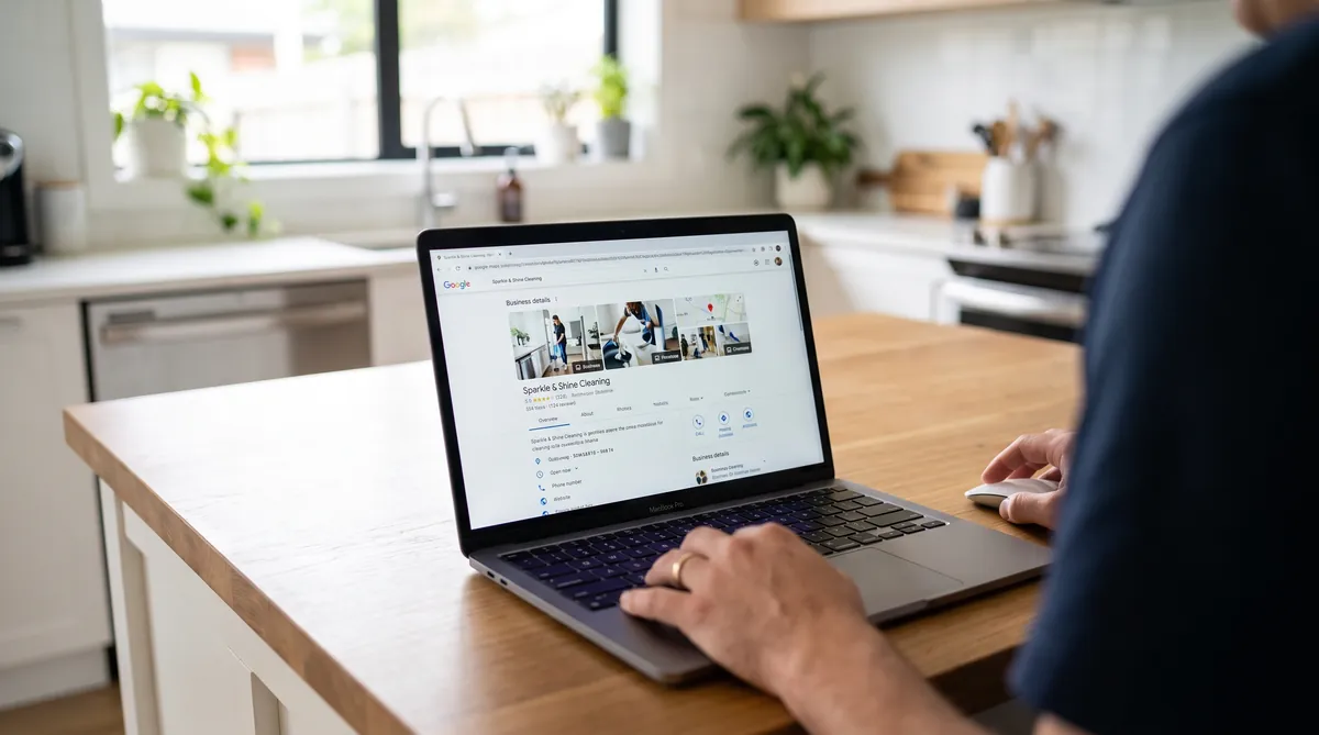 Port&aacute;til mostrando la ficha de Google Business Profile de una empresa de limpieza con rese&ntilde;as y fotos, herramienta para captar clientes online