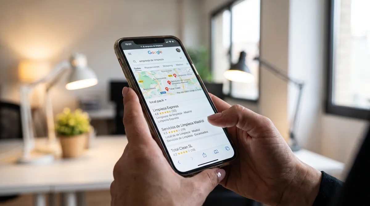 Equipo profesional de empresa de limpieza con uniforme mostrando datos de captaci&oacute;n de clientes en una tablet, ejemplo de c&oacute;mo conseguir clientes para una empresa de limpieza
