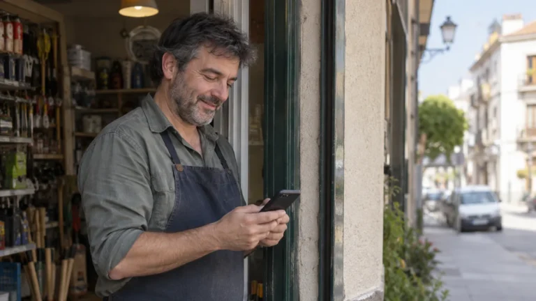 Dueño de un negocio local comprobando desde el móvil que su negocio ya aparece en Google Maps