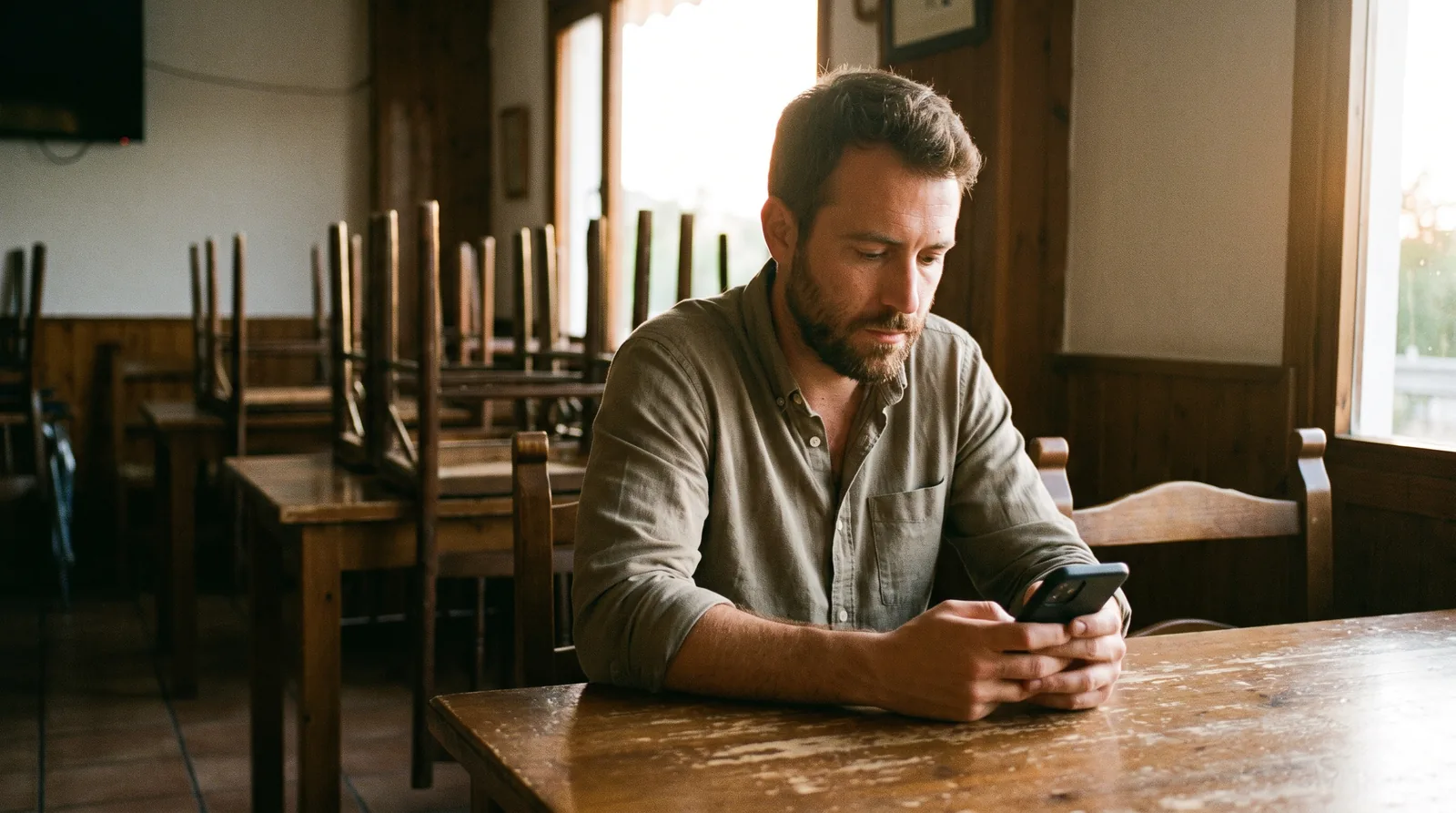 Encargado de un restaurante leyendo con calma una rese&ntilde;a negativa en Google antes de contestarla