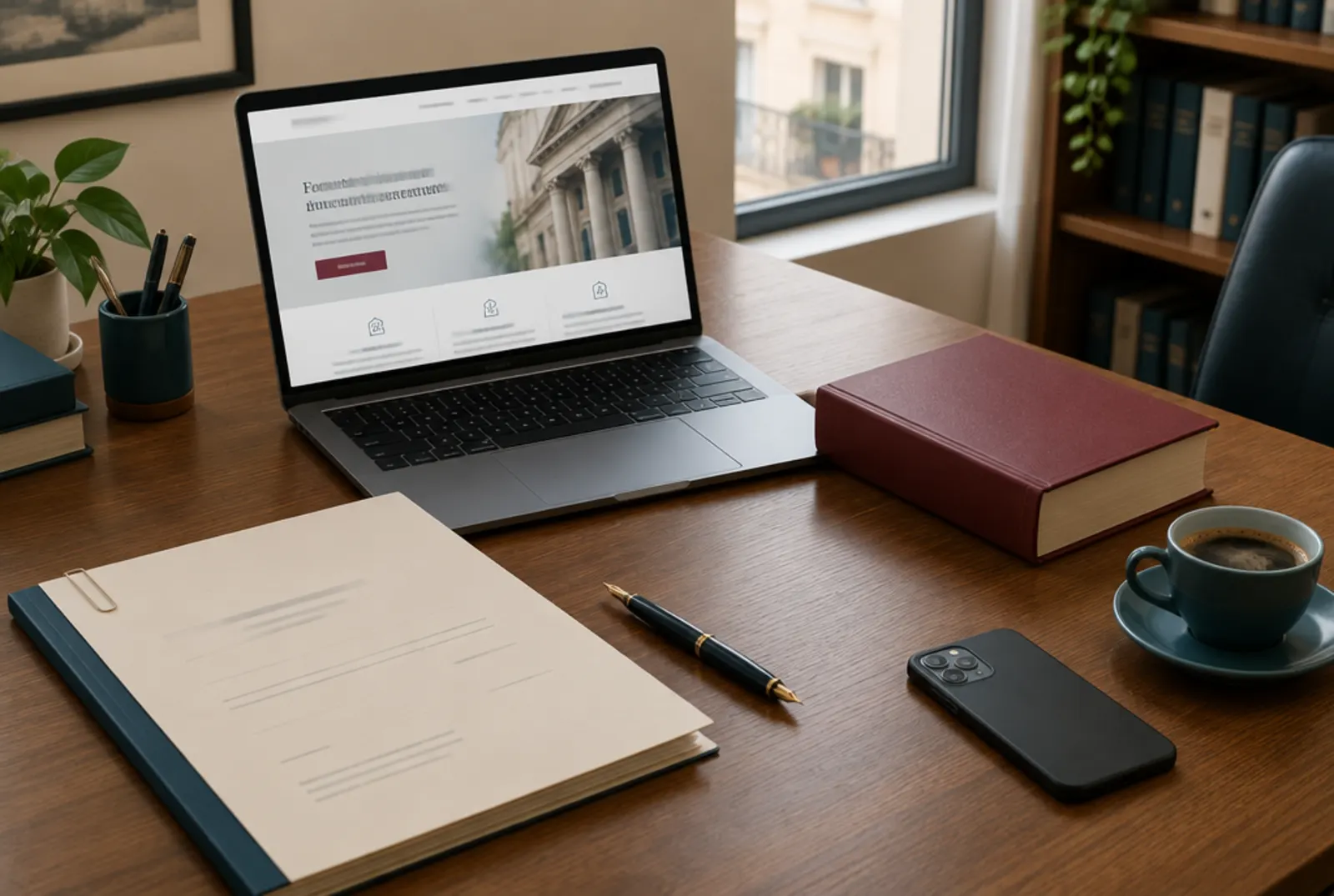 Diseño web para abogados: portátil con la web de un despacho sobre la mesa de trabajo, junto a un código legal y un expediente