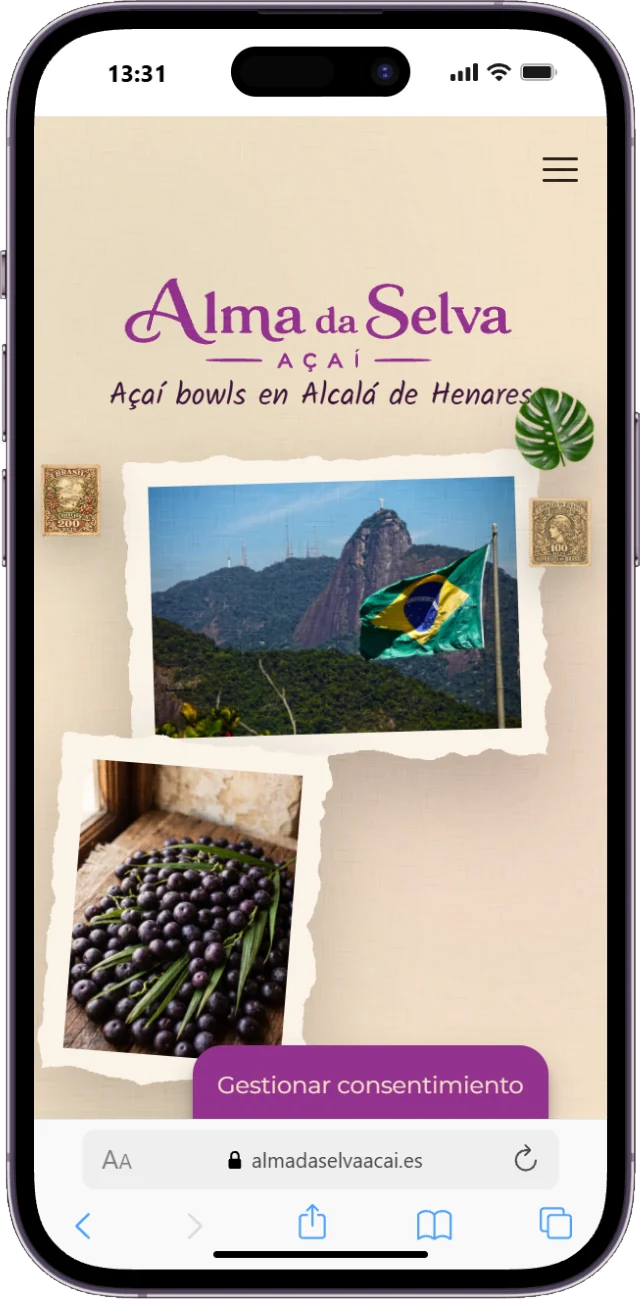 Diseño web en Alcalá de Henares para el take away de açaí Alma da Selva, vista en móvil