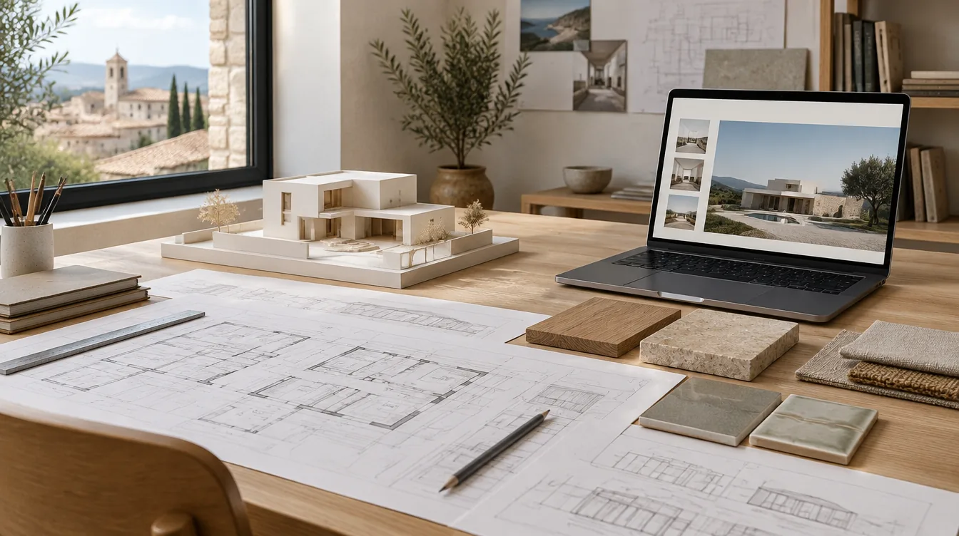 Mesa de un estudio de arquitectura con planos, maqueta de cartón, muestras de materiales y un portátil con el portfolio