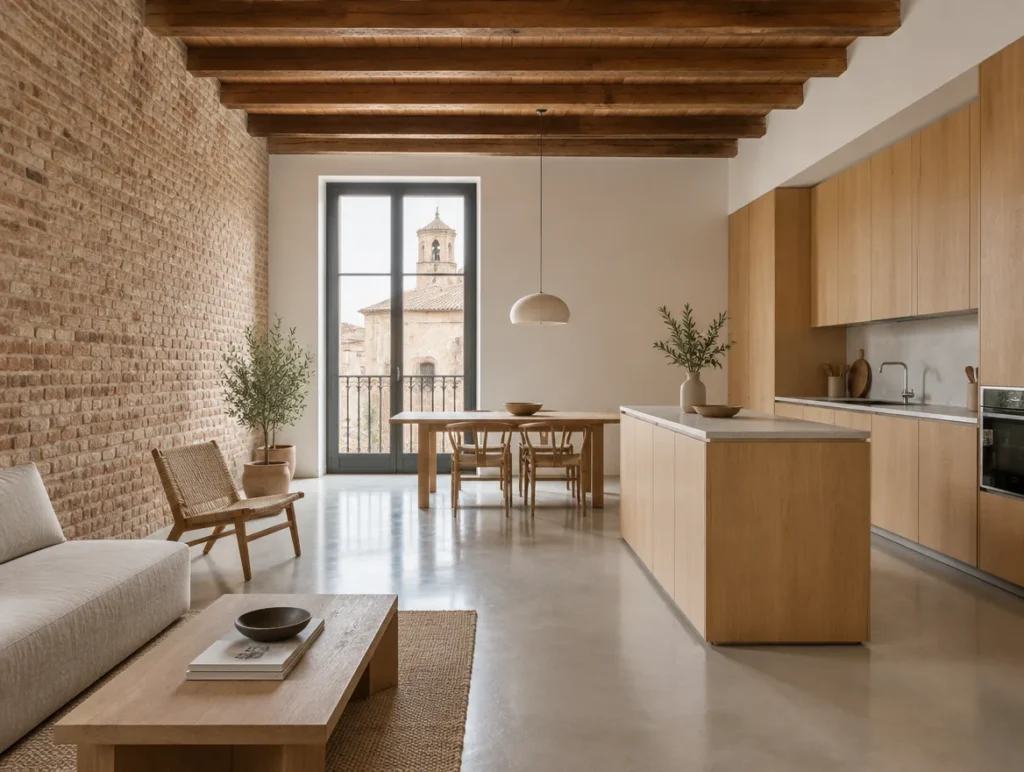 Interior de una vivienda rehabilitada con muro de ladrillo visto y vigas de madera restauradas