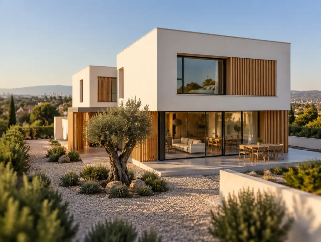 Vivienda unifamiliar contemporánea de volúmenes blancos y madera, foto del proyecto de la maqueta de ejemplo