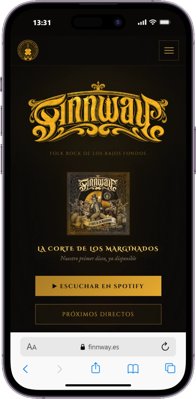 Diseño web para la banda de música Finnway, vista en móvil
