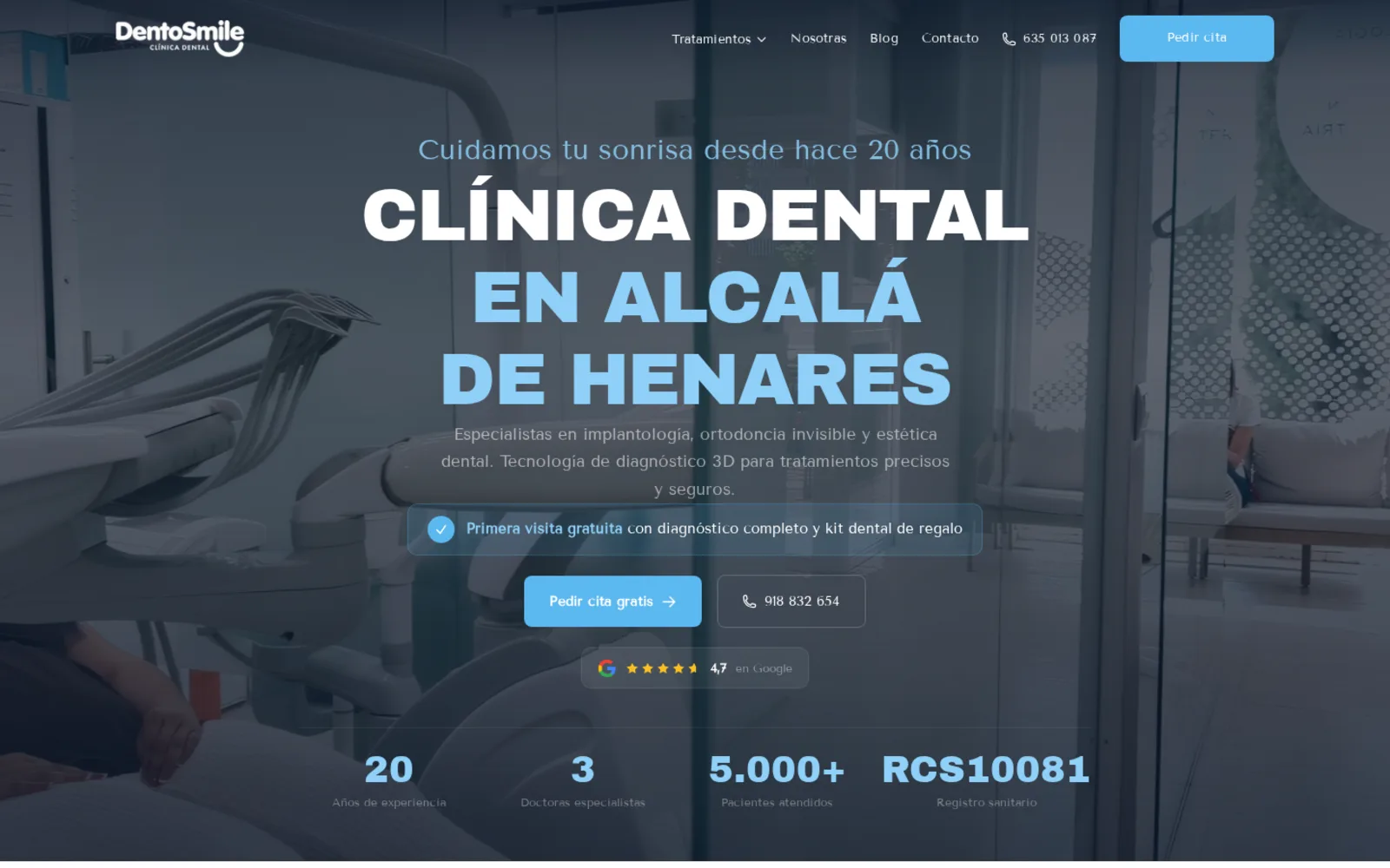 Página de inicio de la web de la Clínica Dental DentoSmile en Alcalá de Henares, diseñada por MasLeads Digital