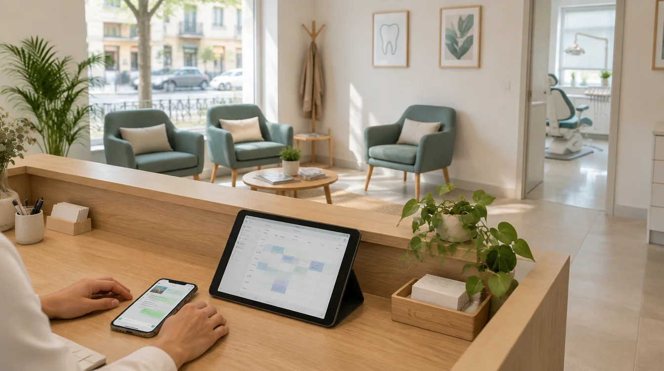 Recepción de una clínica dental con la cita del paciente confirmada por WhatsApp en el móvil