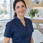 Dentista con uniforme azul marino sonriendo en su clínica dental