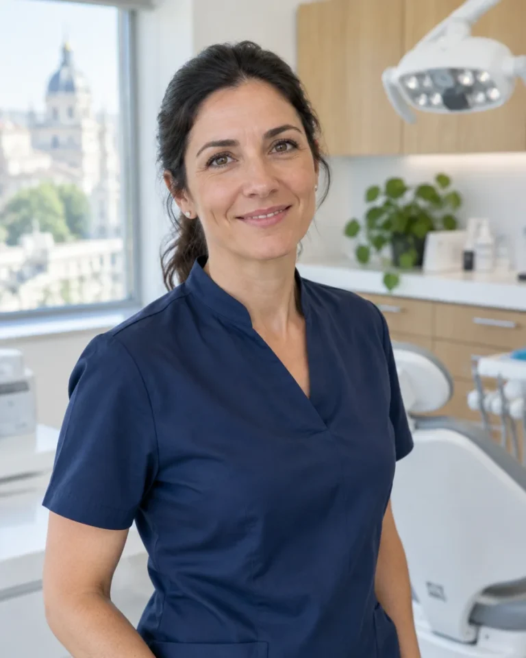 Dentista con uniforme azul marino sonriendo en su clínica dental