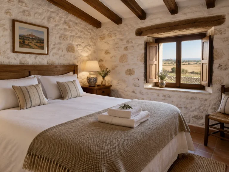 Habitación de un pequeño hotel rural con vigas de madera y luz de mañana