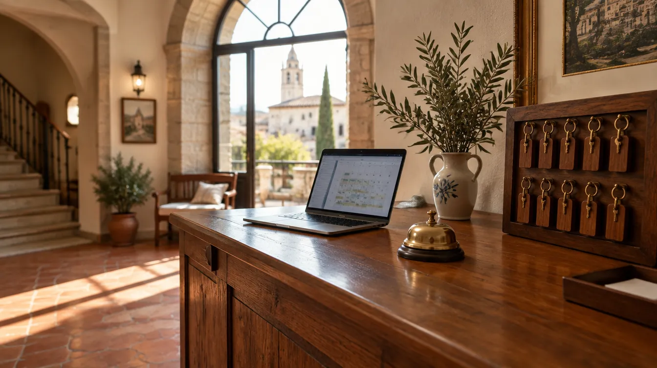 Recepción de un pequeño hotel con un portátil que muestra el calendario de reservas