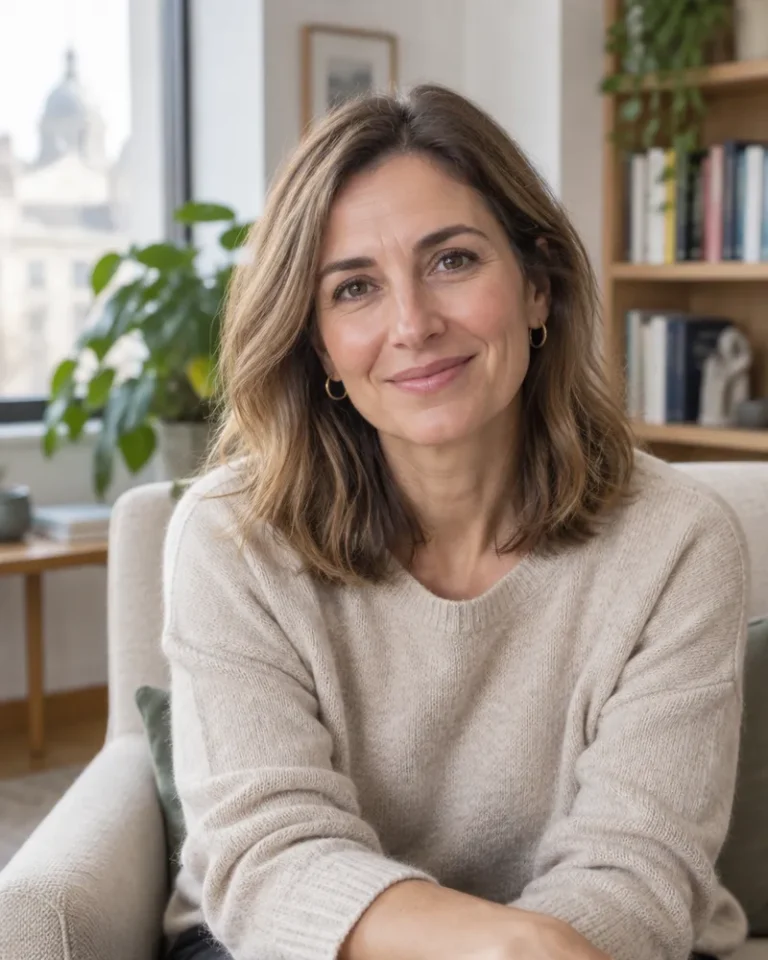 Psicóloga sonriendo en su consulta, retrato de la maqueta de ejemplo