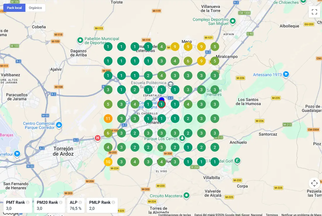 Cuadr&iacute;cula de posiciones en el paquete local de Google de un centro comercial gestionado por MasLeads Digital, con primeras y terceras posiciones en toda la comarca