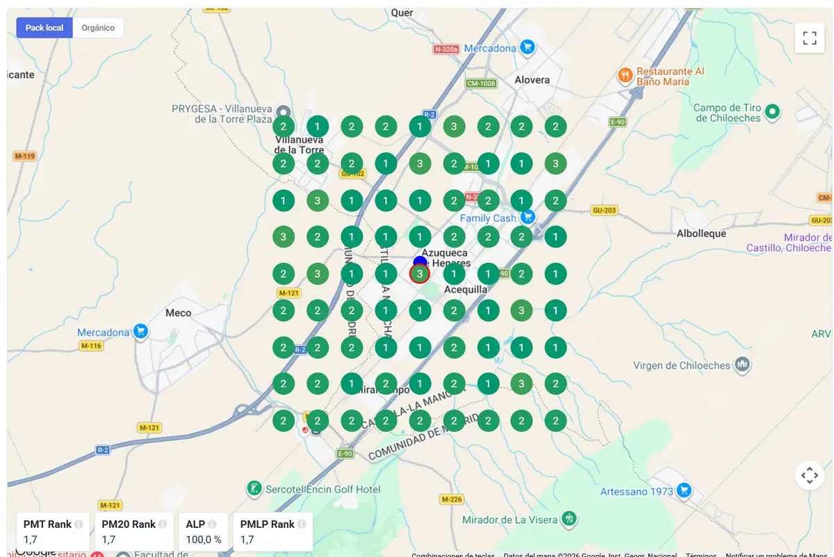 Posiciones en el mapa de Google de un restaurante de Azuqueca de Henares: entre los tres primeros en toda la comarca, a ambos lados del l&iacute;mite entre Madrid y Castilla-La Mancha