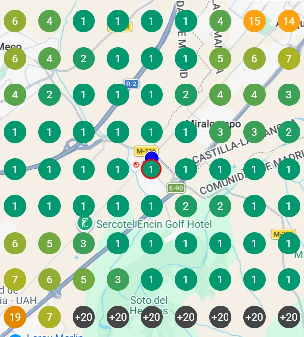 Posiciones en el mapa de Google de un restaurante para la b&uacute;squeda restaurante: primera posici&oacute;n en toda la zona de paso