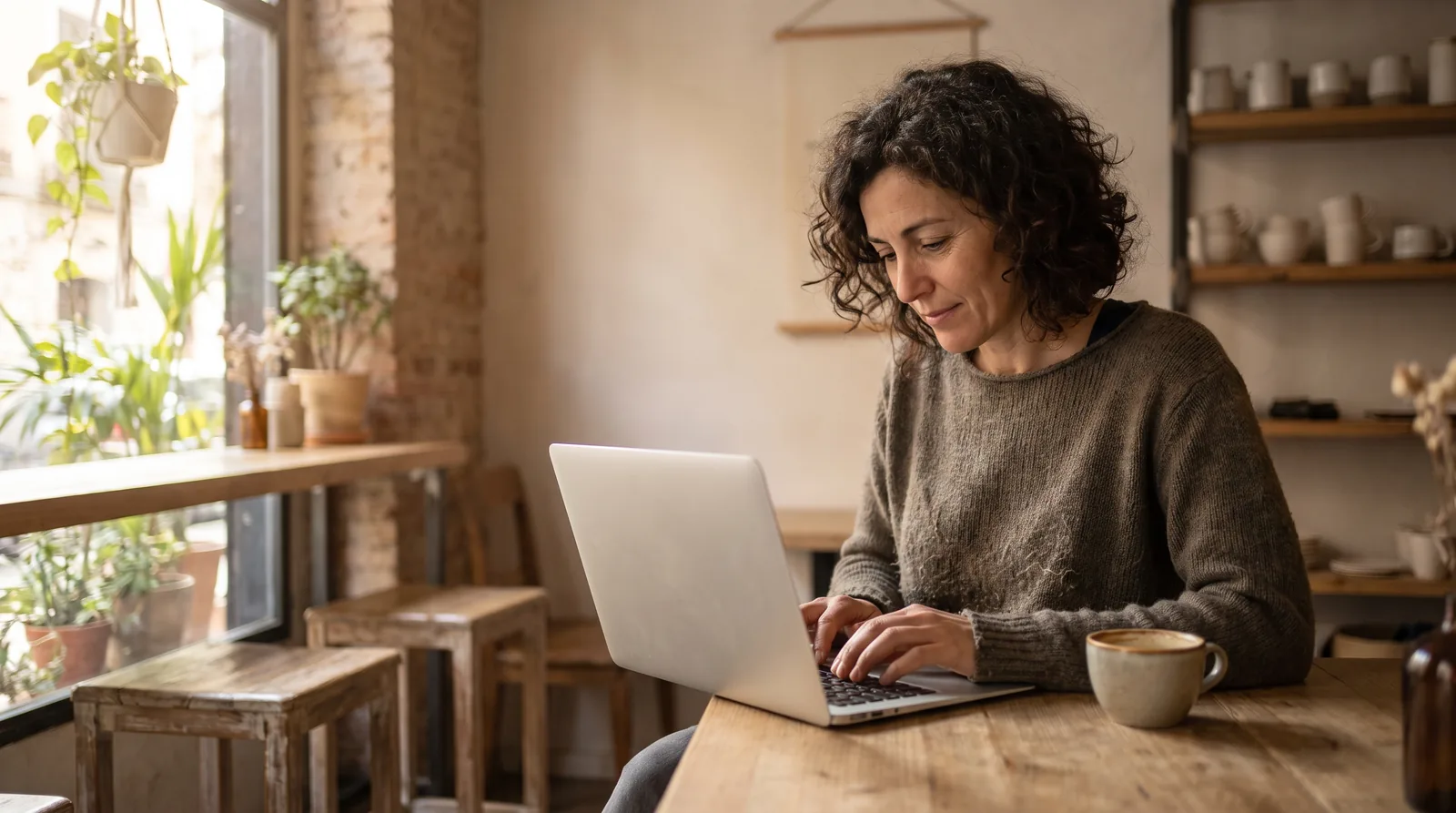 Due&ntilde;a de una cafeter&iacute;a respondiendo rese&ntilde;as de Google desde el port&aacute;til en la barra de su local