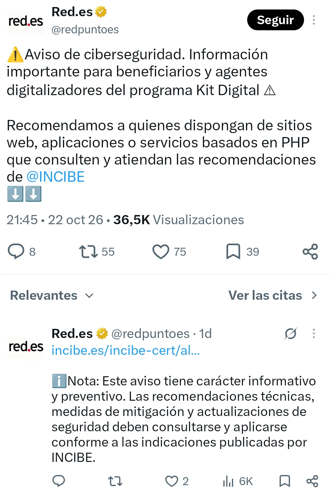 Aviso de ciberseguridad de Red.es del 22 de octubre de 2026 para beneficiarios y agentes digitalizadores del Kit Digital con webs en PHP