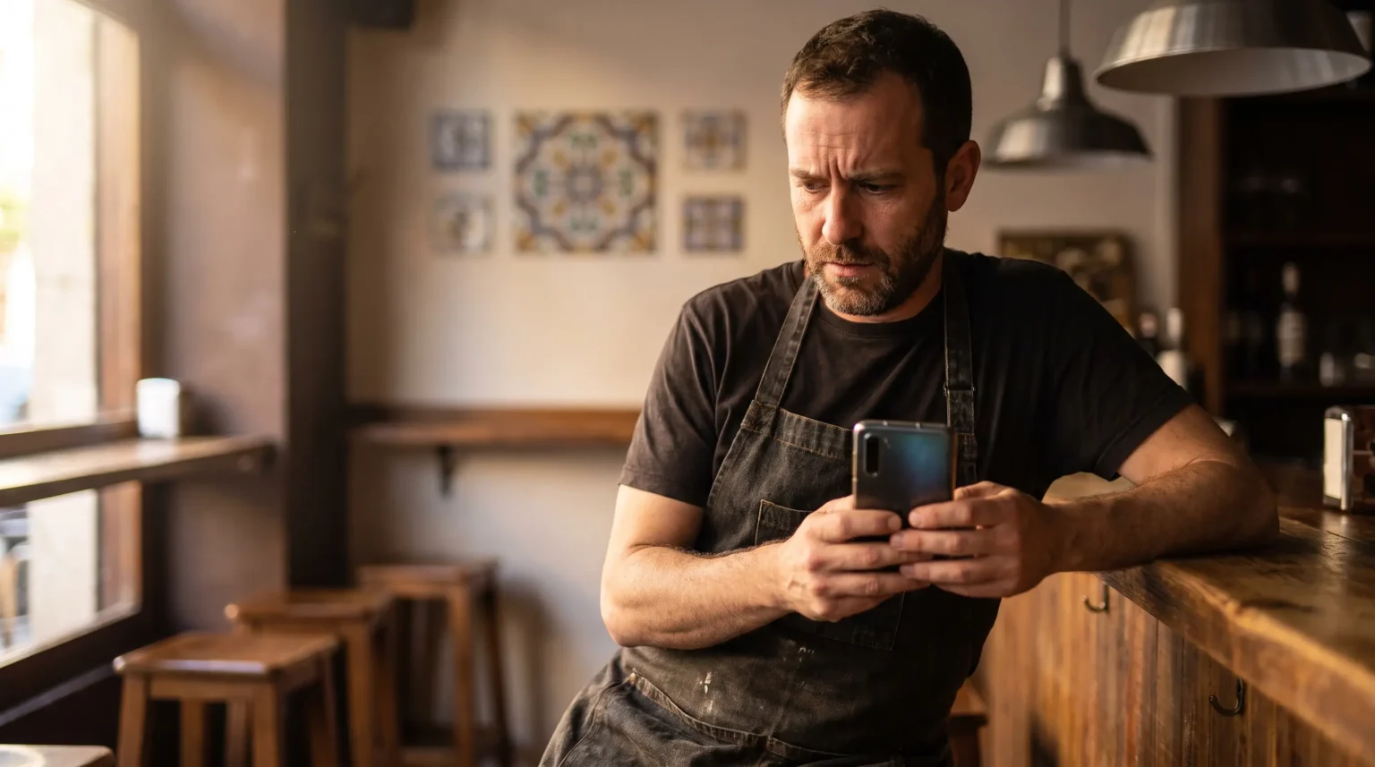 Due&ntilde;o de un bar de tapas revisando las rese&ntilde;as de su ficha de Google desde el m&oacute;vil
