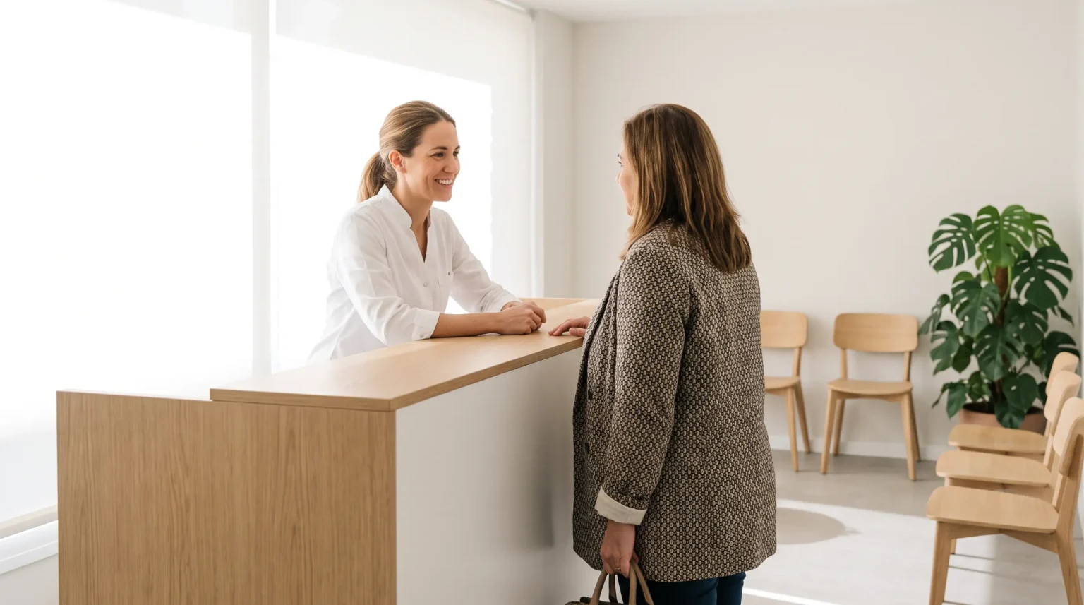 Recepcionista de una cl&iacute;nica dental atendiendo a una paciente, sector donde las rese&ntilde;as falsas son m&aacute;s graves